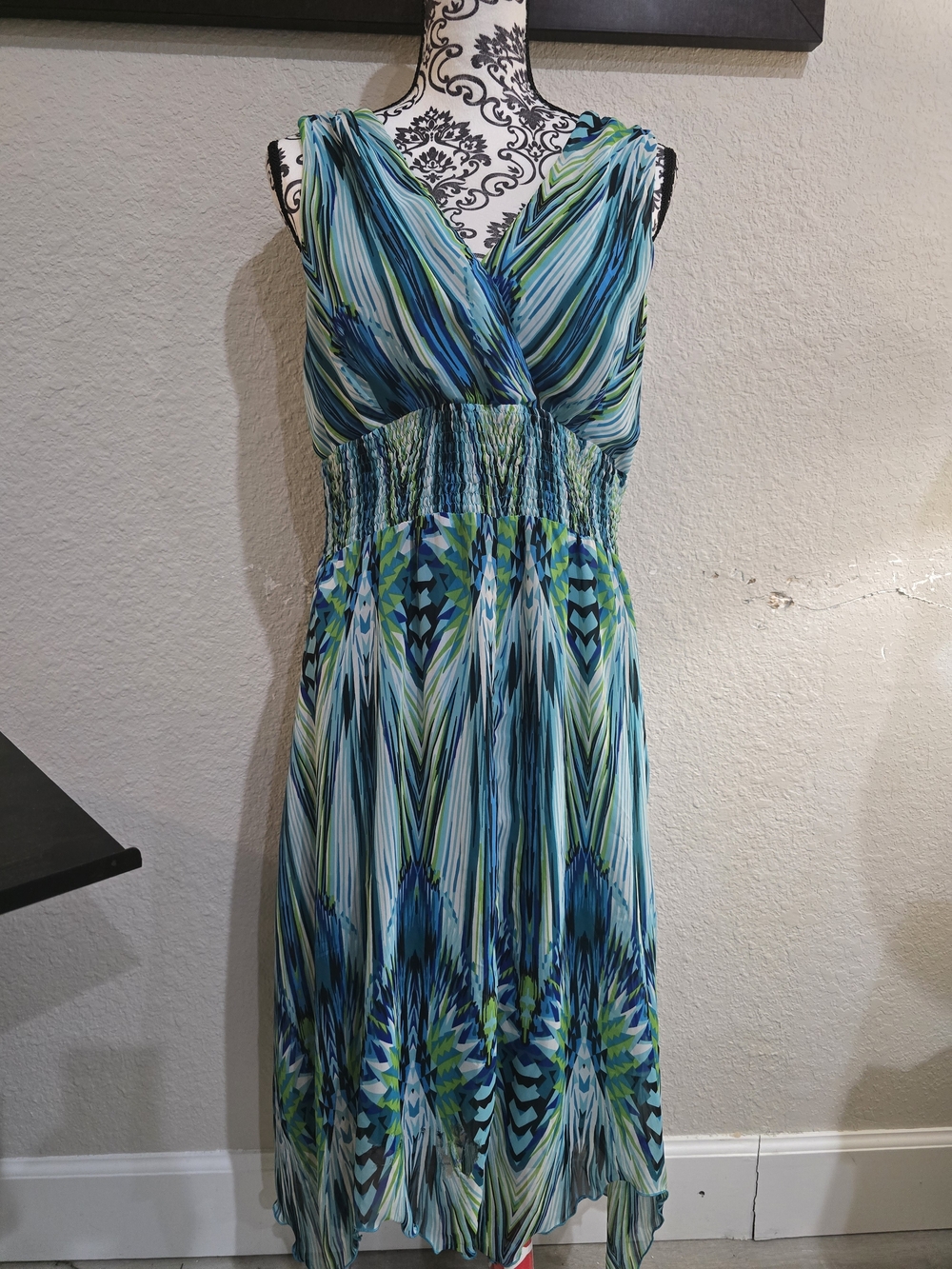 Rabbit Rabbit Rabbit Blue and Green Printed V-Neck Midi Dress